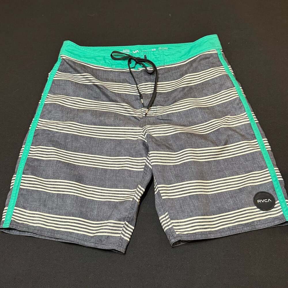 RVCA Board Shorts Gray Striped Green Beach Swim Trunks sz 33